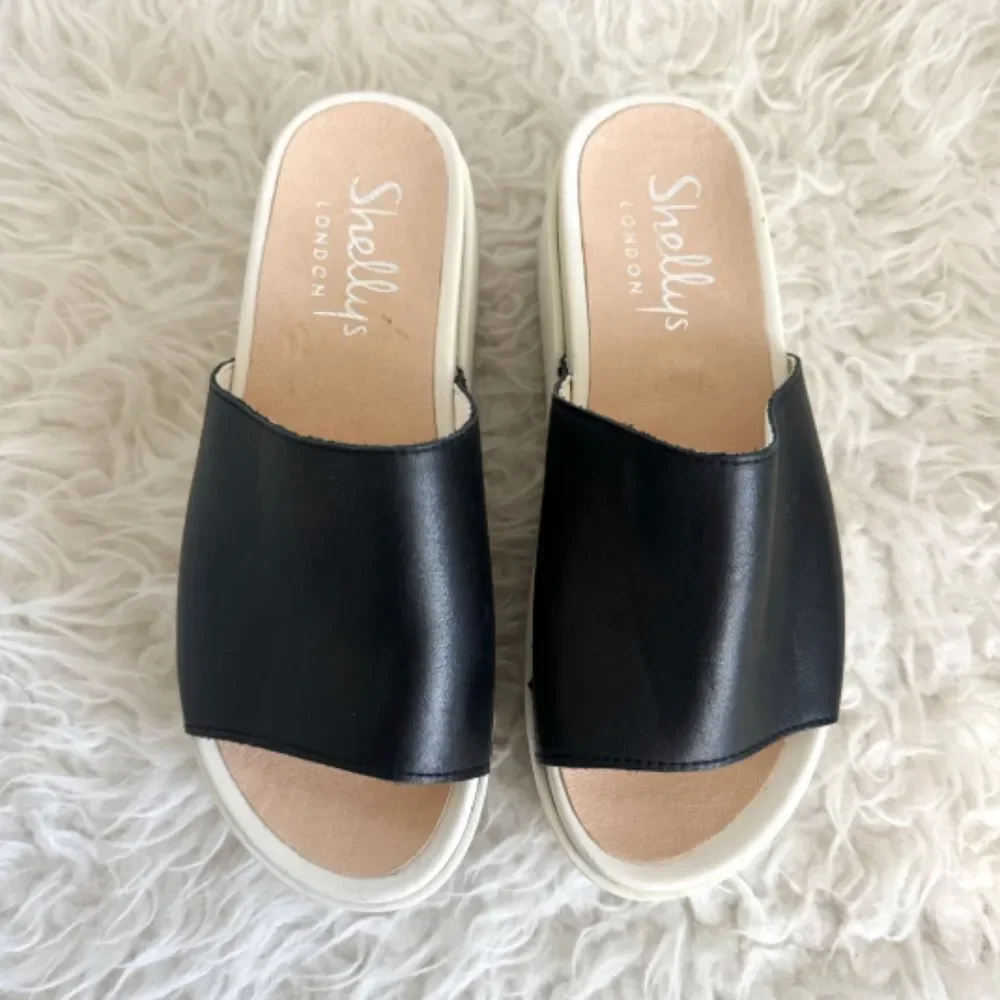 Shellys London Black Leather Platform Slide Sandal Y2K | Size 36